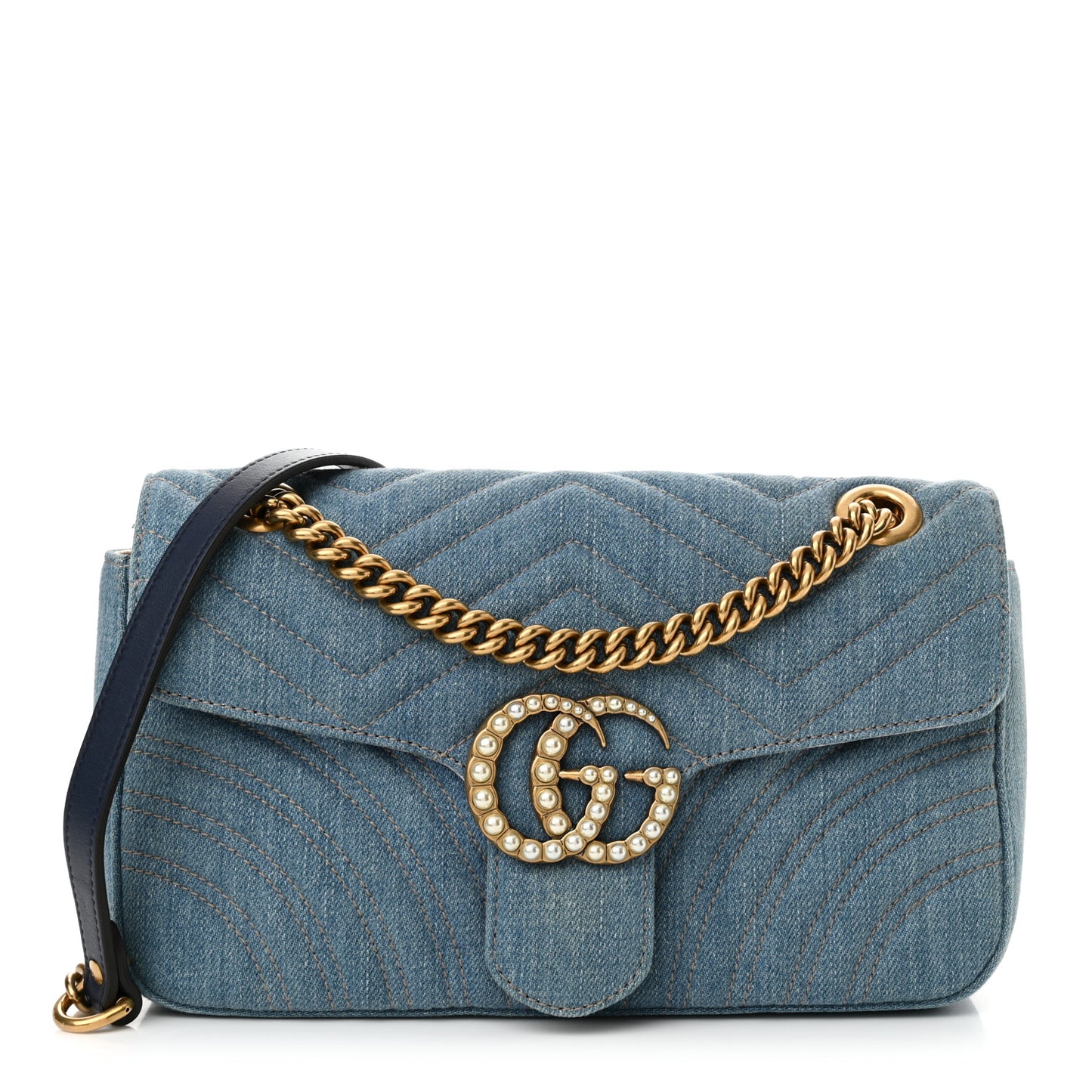 Denim Matelasse Small Pearly GG Marmont Shoulder Bag Blue