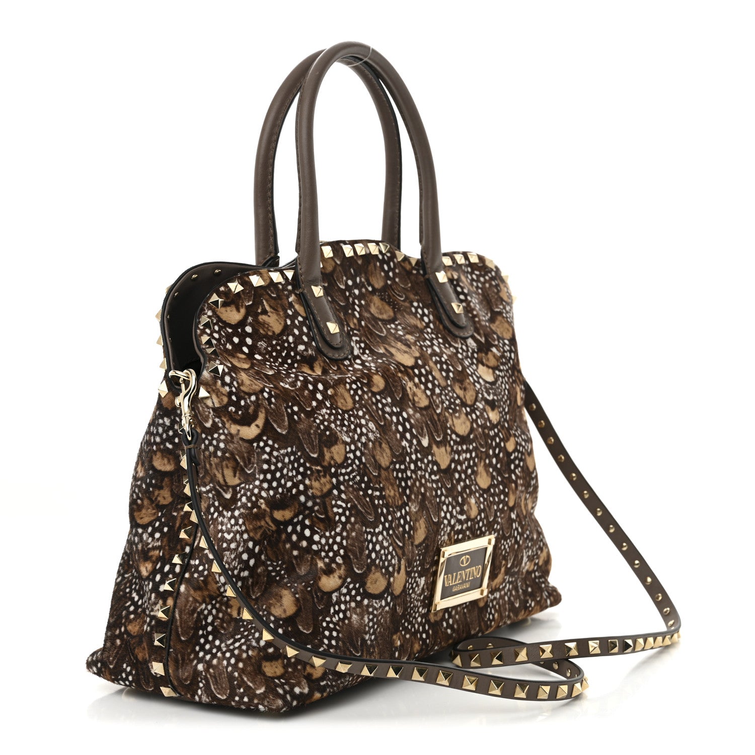 Valentino Garavani Calf Hair Feather Rockstud Dome Satchel Brown 3 of 9