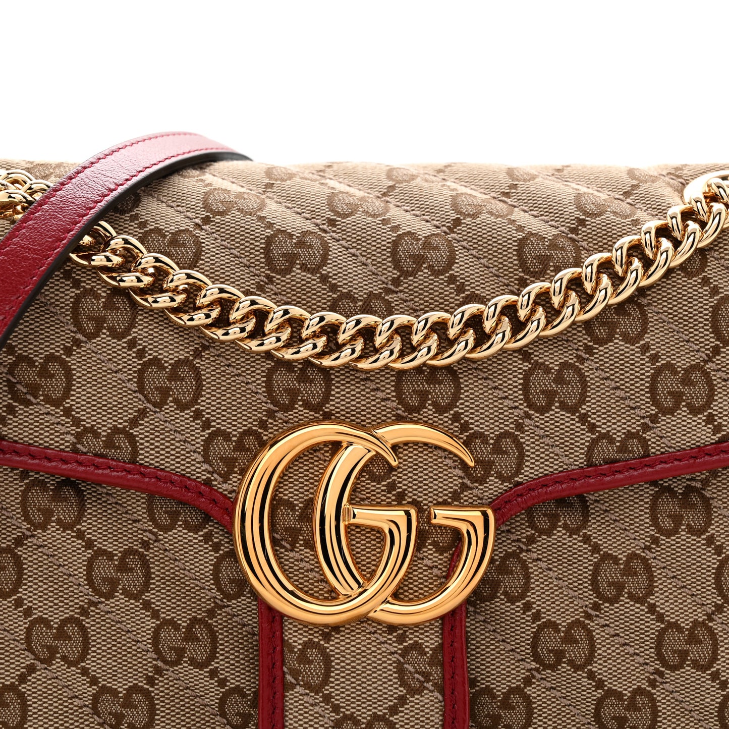 Monogram Azalea Calfskin Matelasse Diagonal Small GG Marmont Shoulder Bag Beige Ebony New Cherry Red