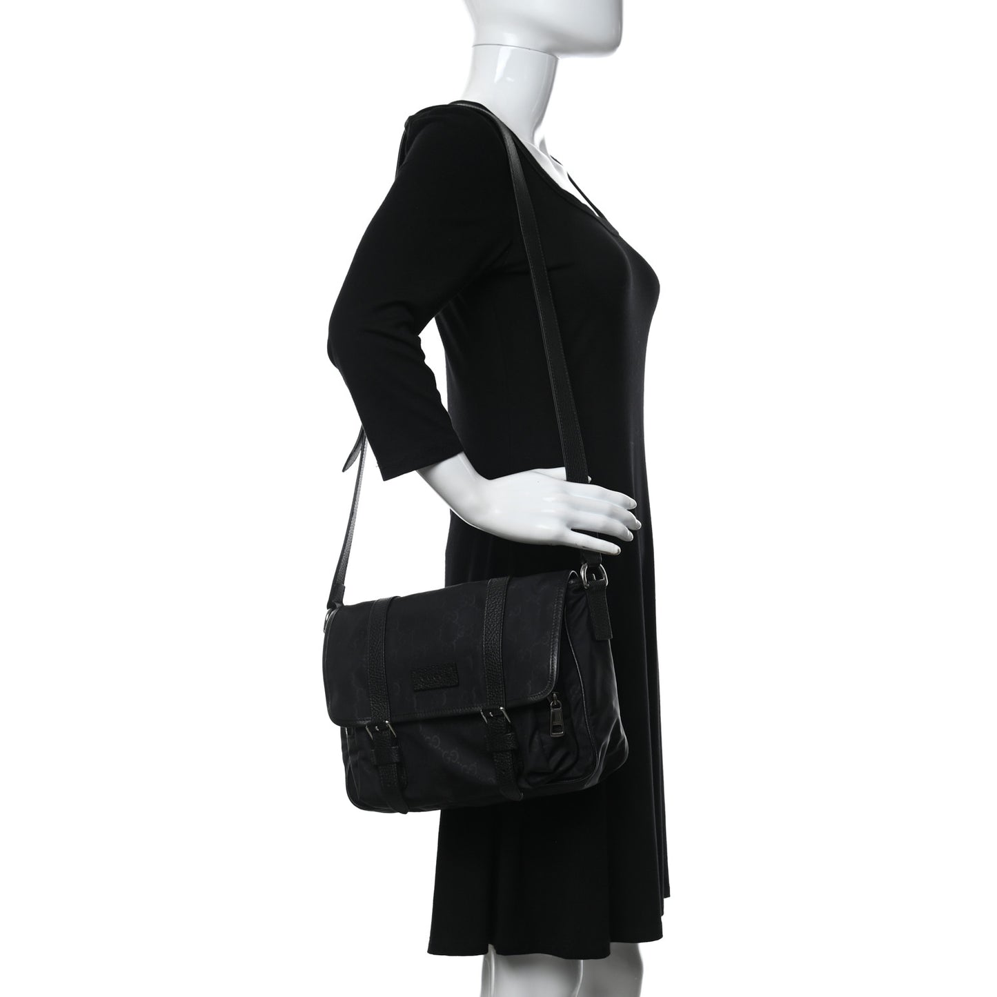 Nylon Monogram Double Buckle Flap Messenger Bag Black