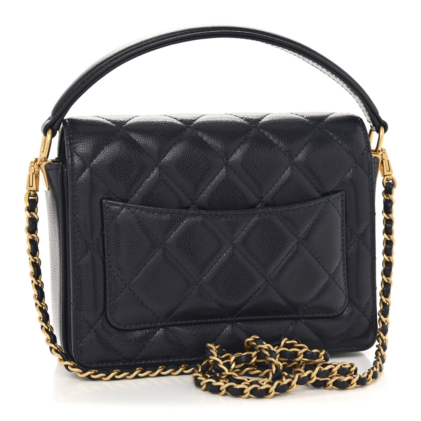 Shiny Caviar Quilted Mini Top Handle Flap Navy Blue