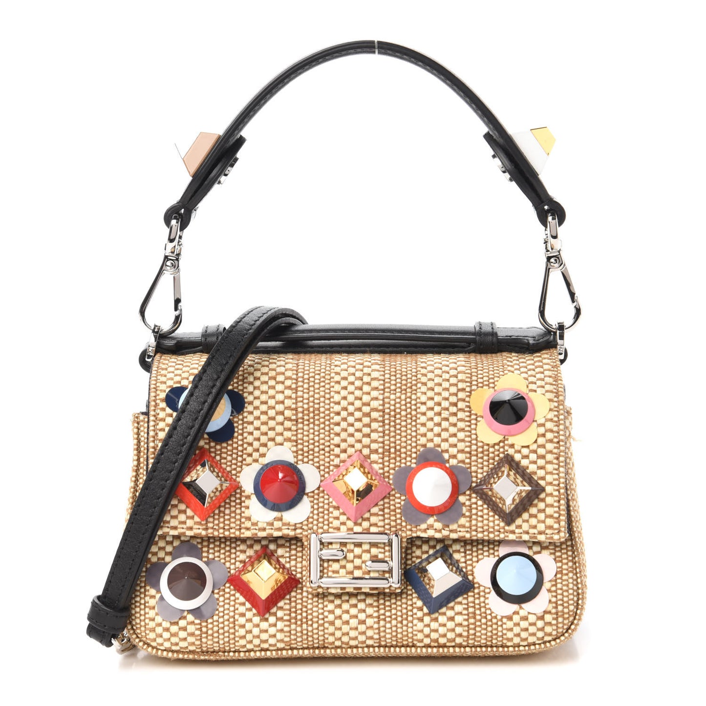 Paglia Vitello Dolce Paillettes Flowerland Studded Striped Micro Double Baguette Natural Multicolor