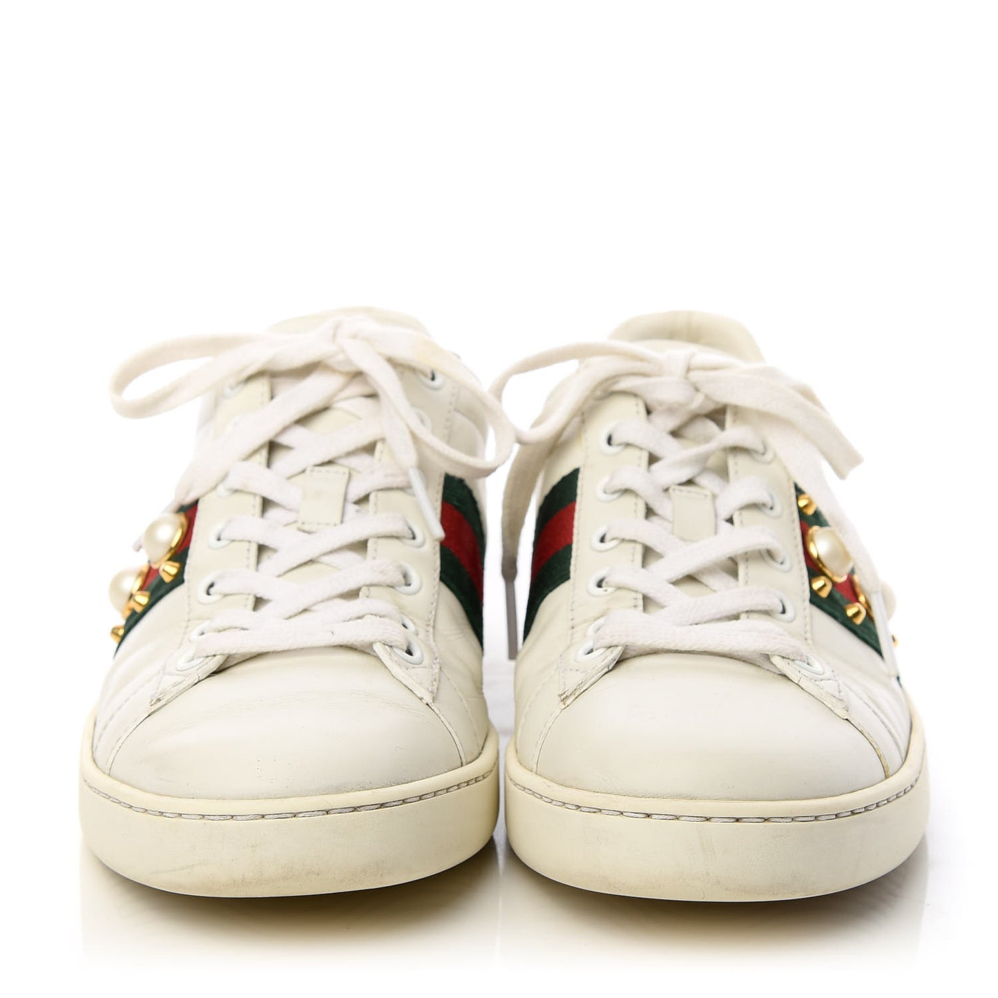 Calfskin Web Pearl Studded Womens Ace Sneakers 37.5 White