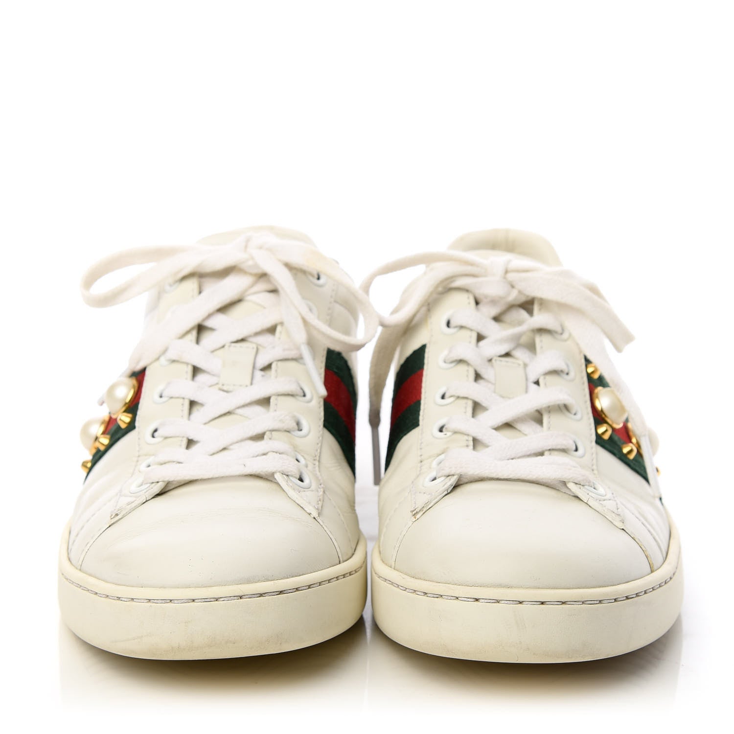 Gucci Calfskin Web Pearl Studded Womens Ace Sneakers 37.5 White 2 of 11