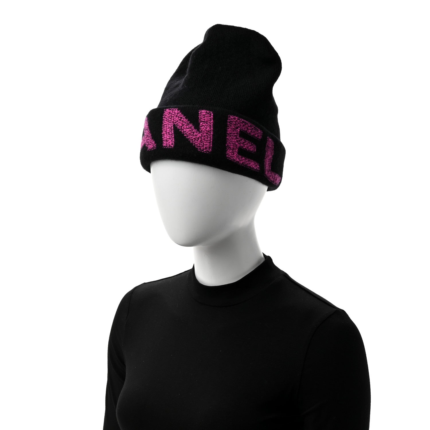 Chanel Cashmere Logo Beanie Hat Black Fuchsia 2 of 5