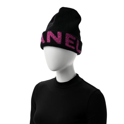 Chanel Cashmere Logo Beanie Hat Black Fuchsia 2 of 5