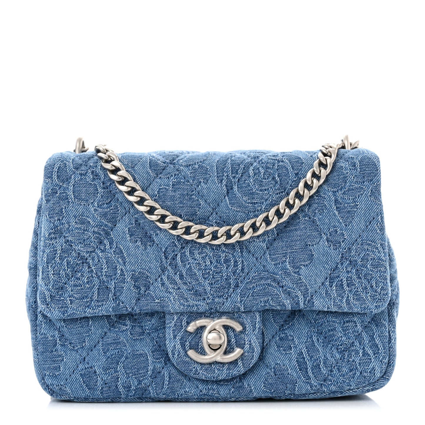 Denim Quilted Camellia Sweetheart Mini Flap Blue