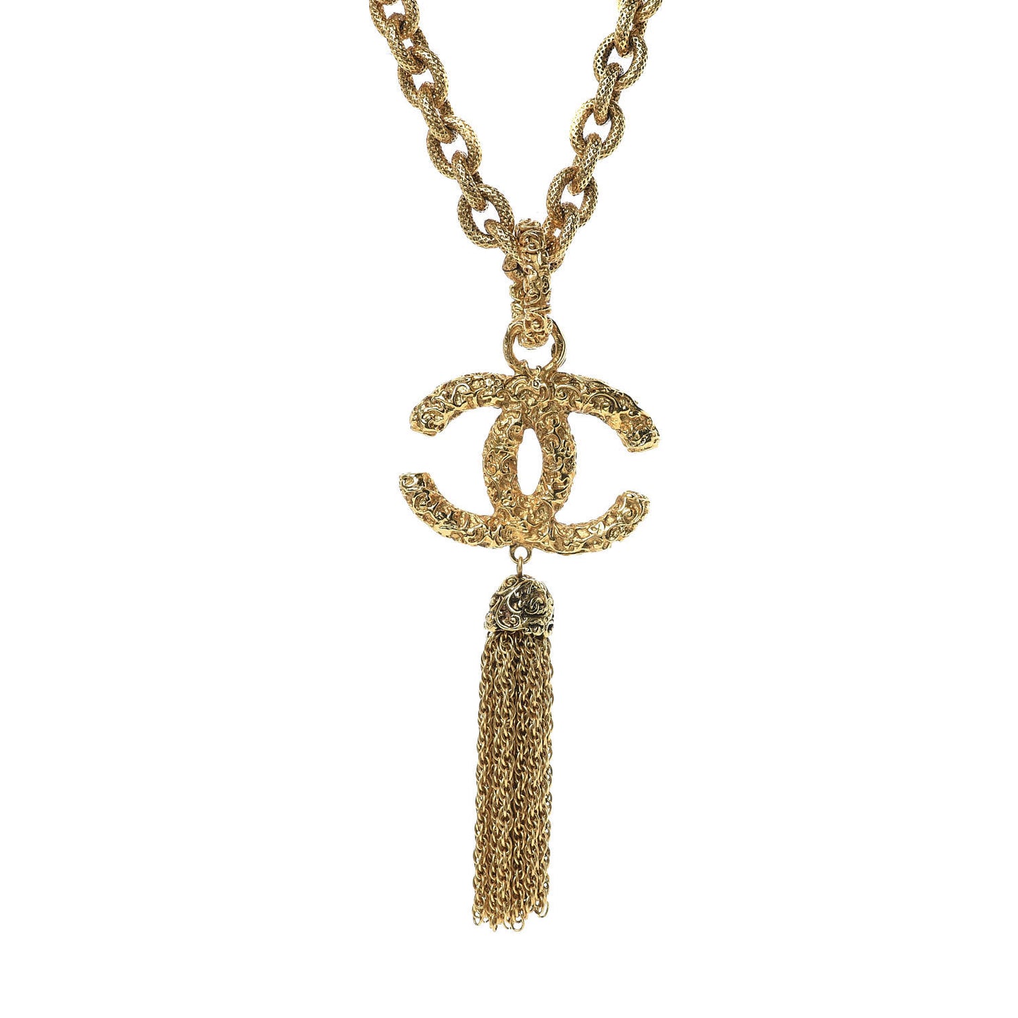 Textured Etruscan CC Tassel Necklace Gold