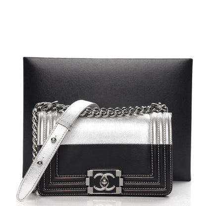 Chanel Metallic Goatskin Calfskin Small Bi-Color Boy Flap Silver Black 8 of 8