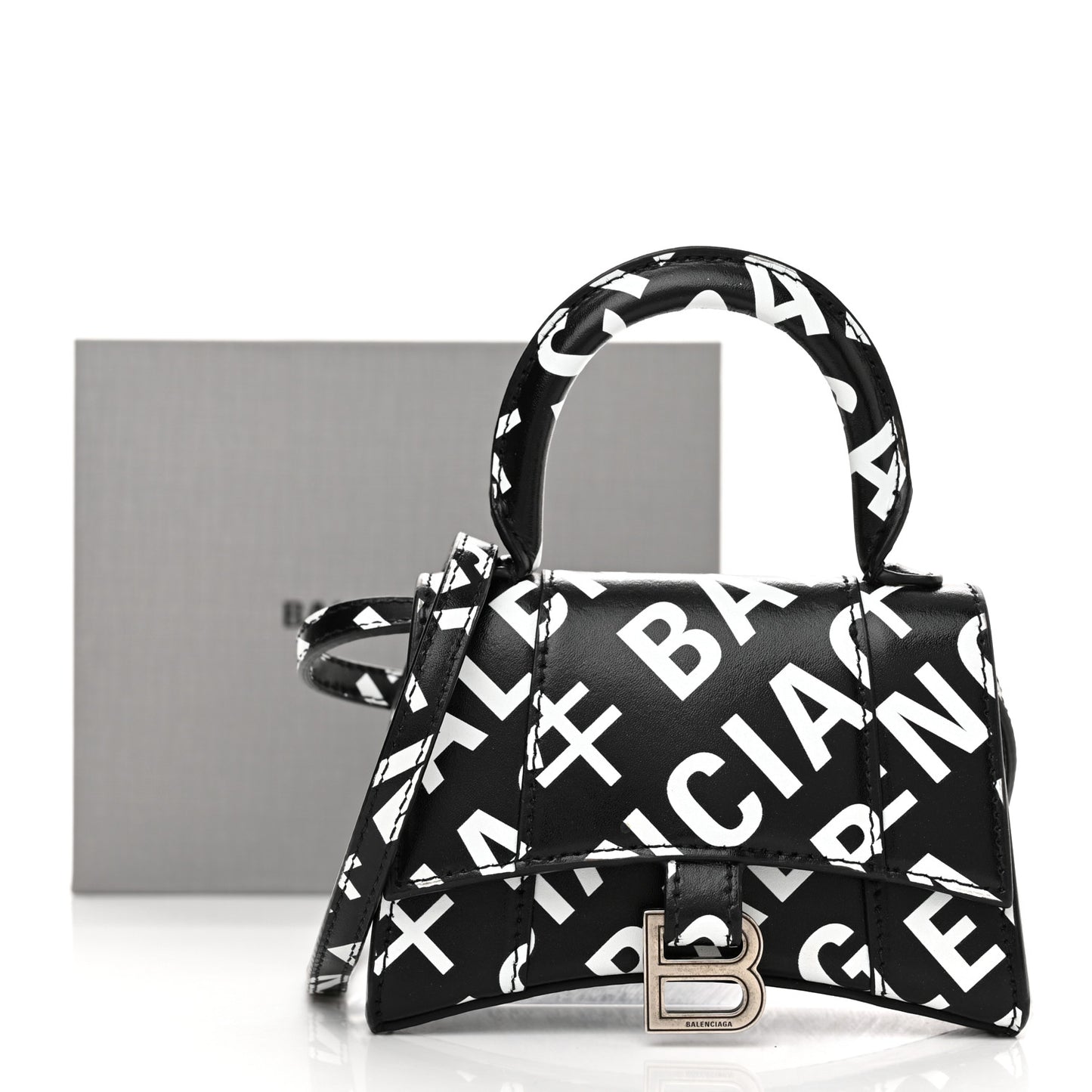 Smooth Calfskin Allover Logo Print Hourglass Top Handle Bag Mini Black White