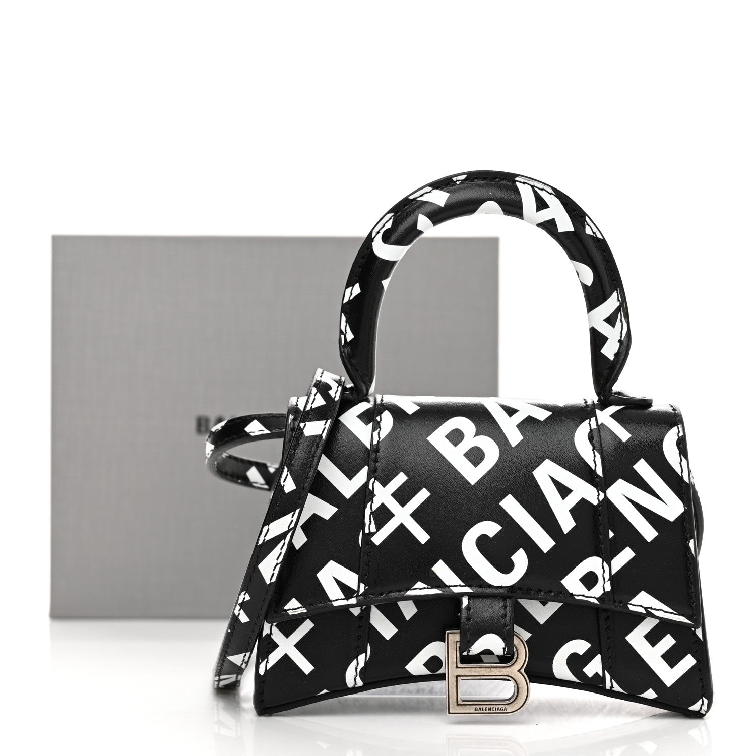 Balenciaga Smooth Calfskin Allover Logo Print Hourglass Top Handle Bag Mini Black White 11 of 11