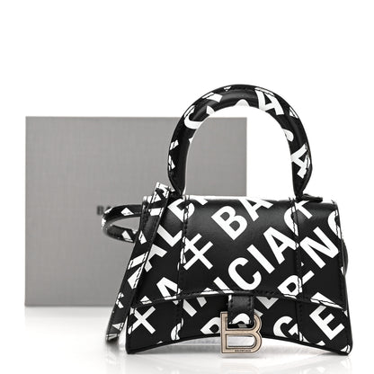 Balenciaga Smooth Calfskin Allover Logo Print Hourglass Top Handle Bag Mini Black White 11 of 11