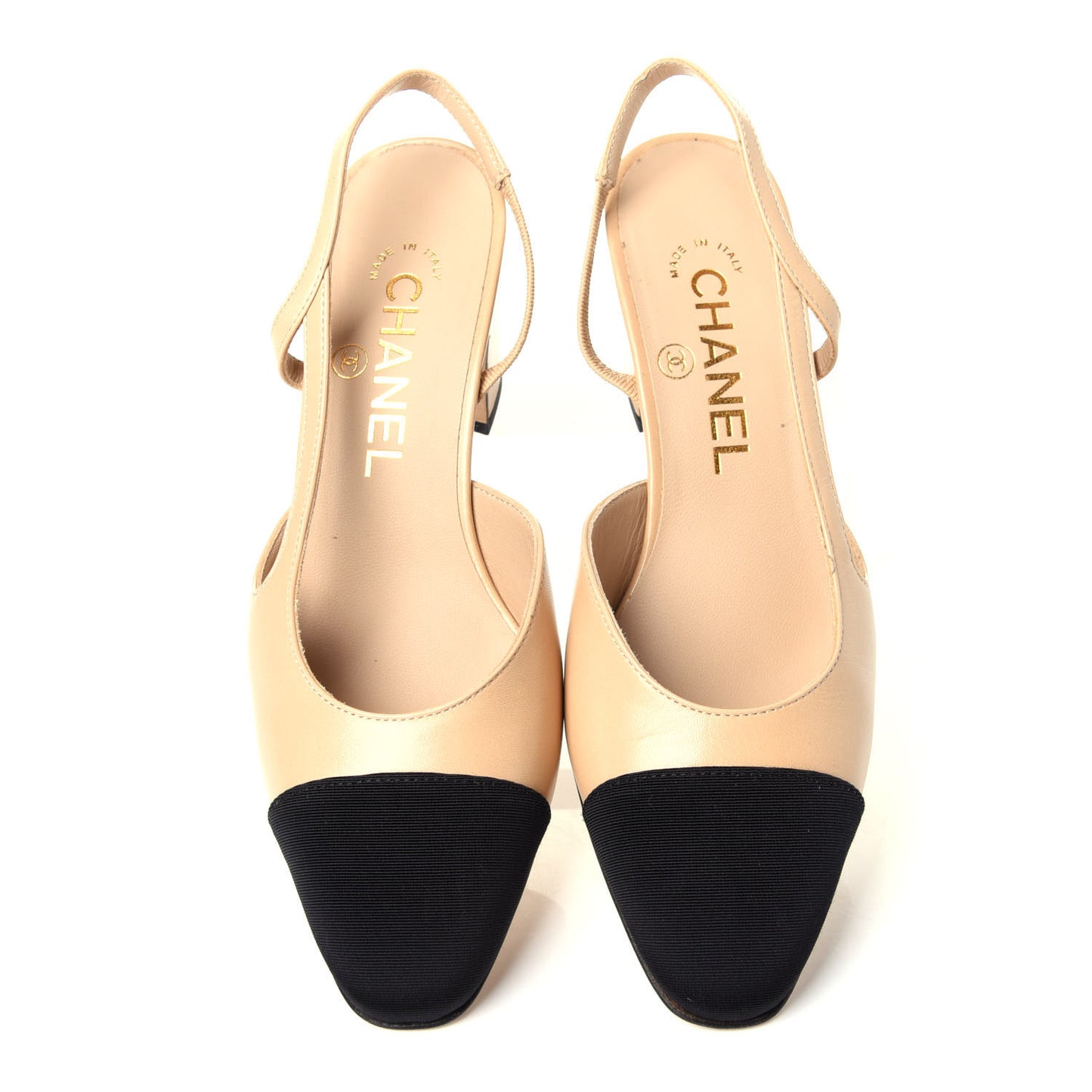 Goatskin Grosgrain Cap Toe CC Slingback Pumps 35.5 Beige Black
