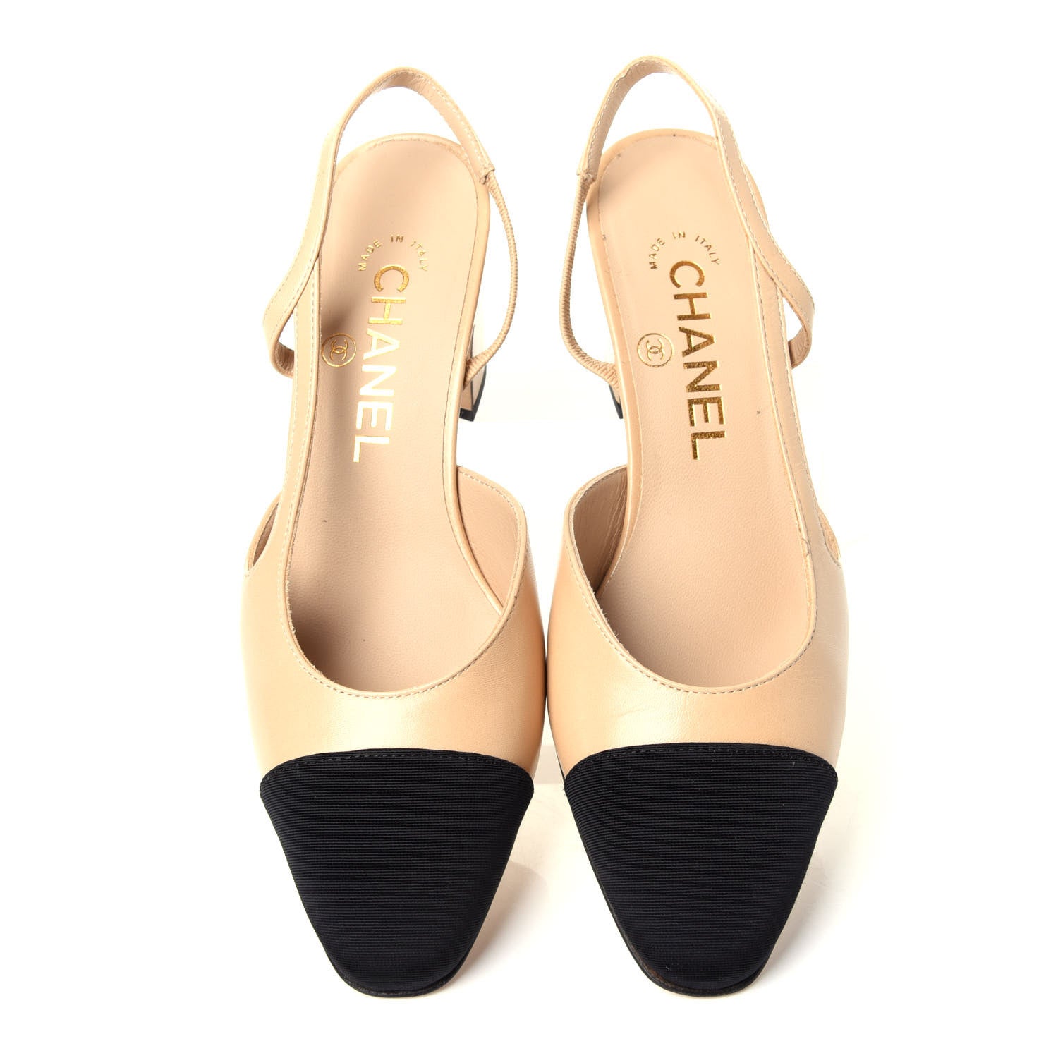 Chanel Goatskin Grosgrain Cap Toe CC Slingback Pumps 35.5 Beige Black 5 of 11