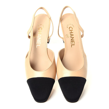 Chanel Goatskin Grosgrain Cap Toe CC Slingback Pumps 35.5 Beige Black 5 of 11