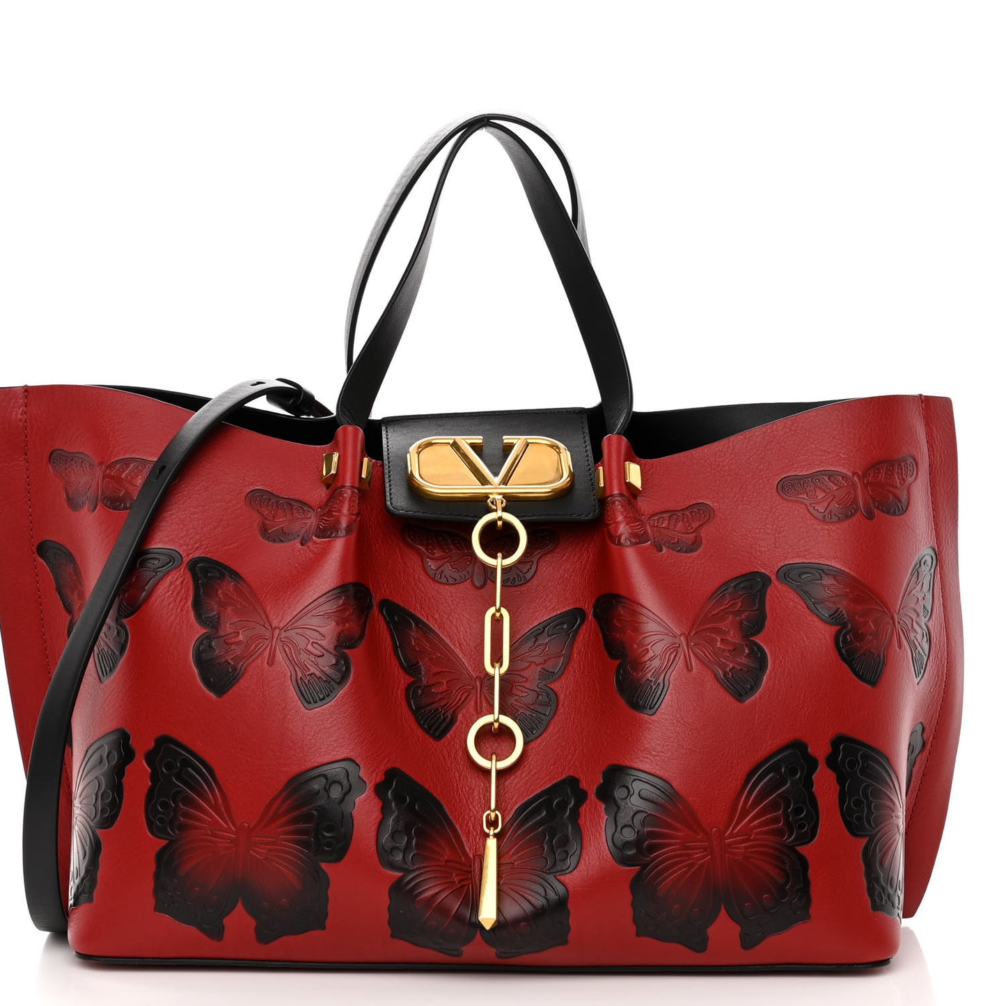 Grained Calfskin Butterfly Embossed Medium VLogo Escape Shopper Bag Red Black