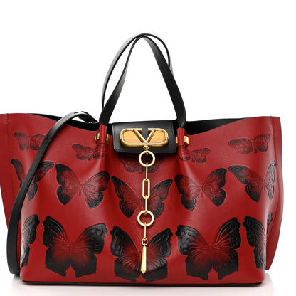 Valentino Garavani Grained Calfskin Butterfly Embossed Medium VLogo Escape Shopper Bag Red Black 7 of 10