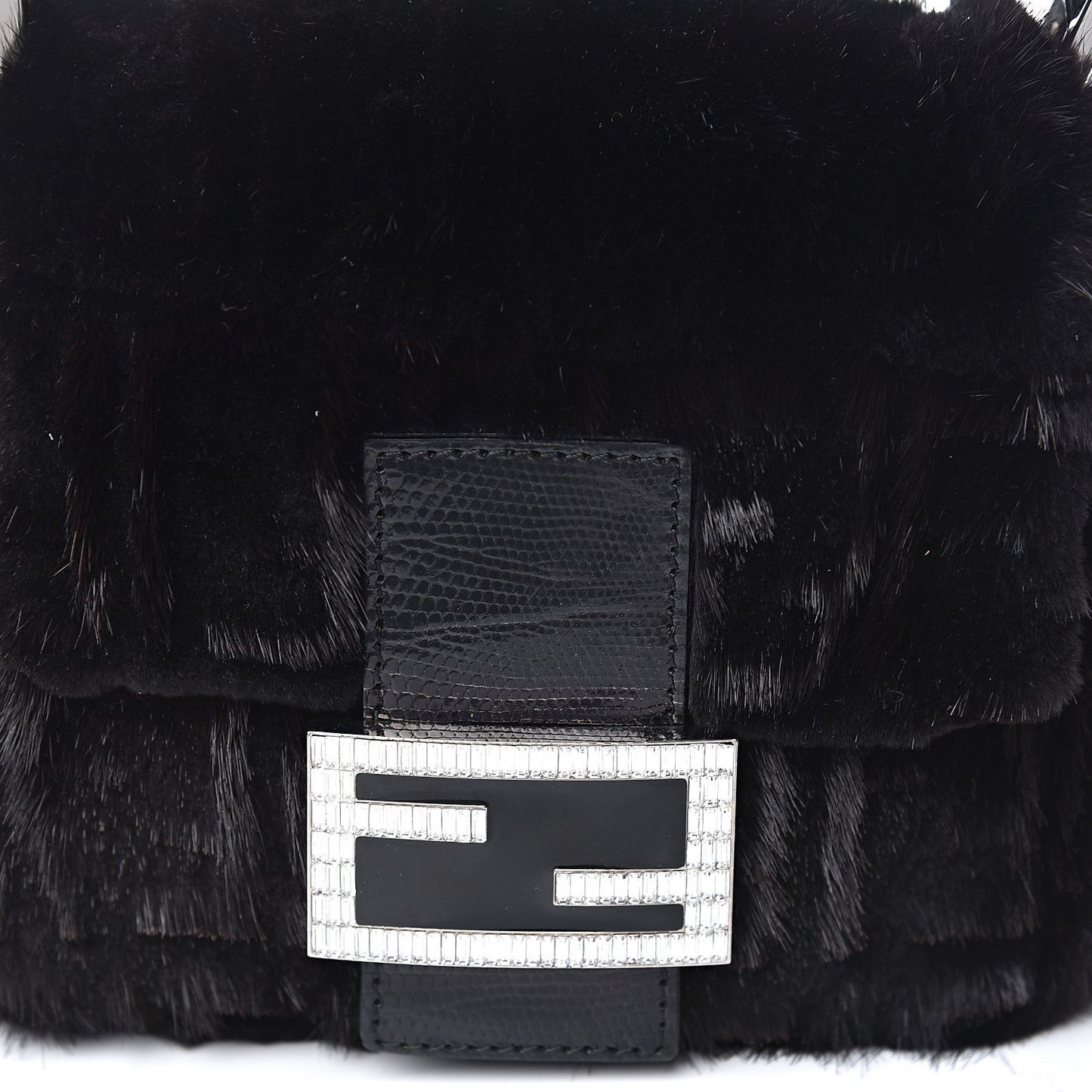 Rabbit Fur Crystal Baguette Black