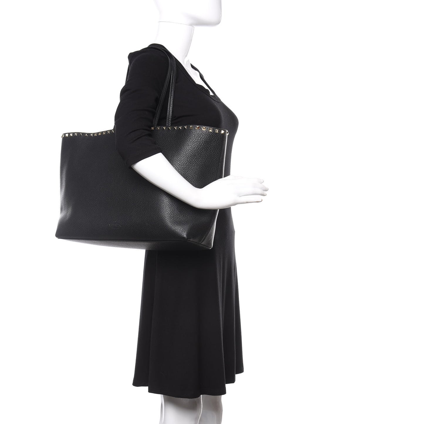 Grained Calfskin Rockstud Shoulder Tote Black