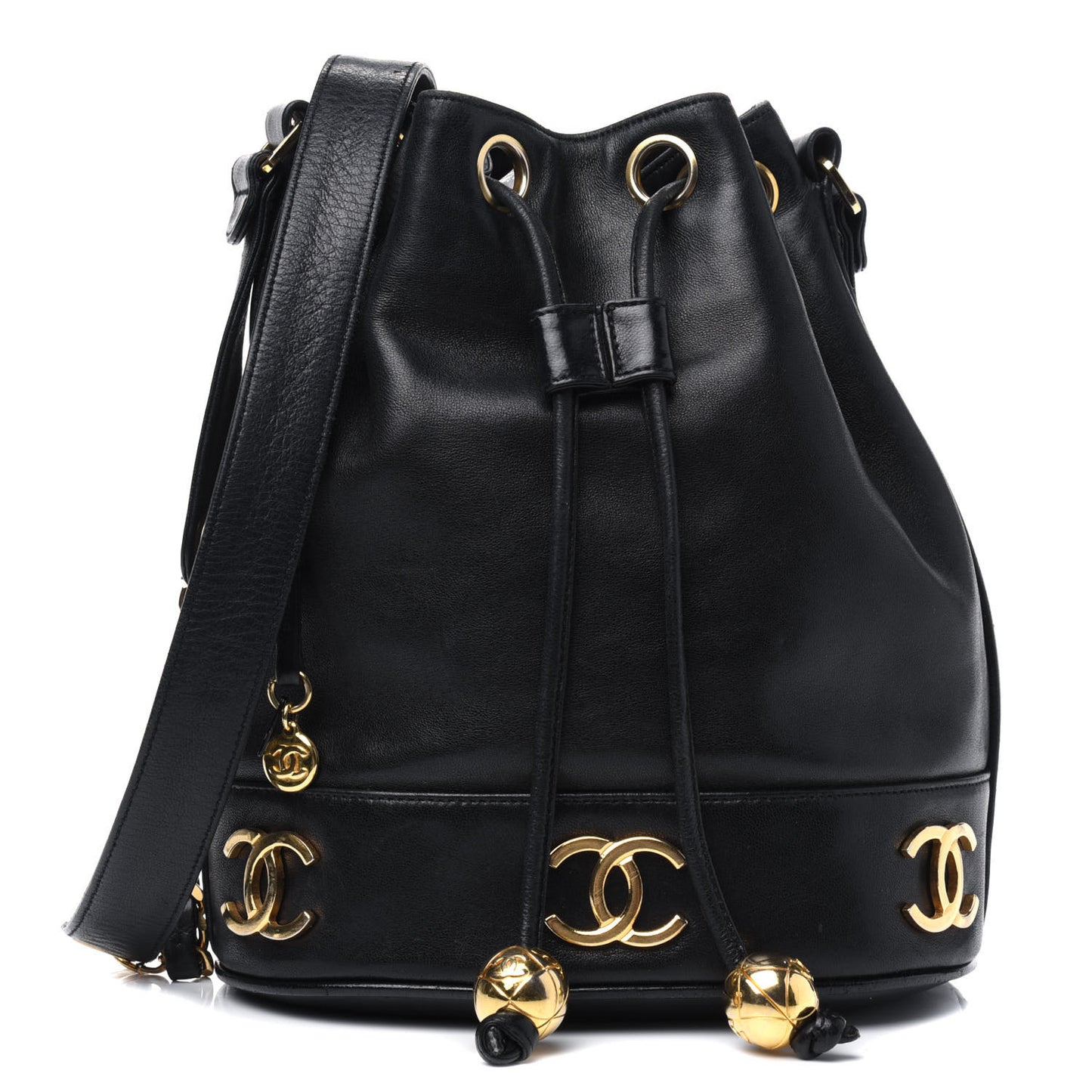 Lambskin Drawstring Bucket Bag Black