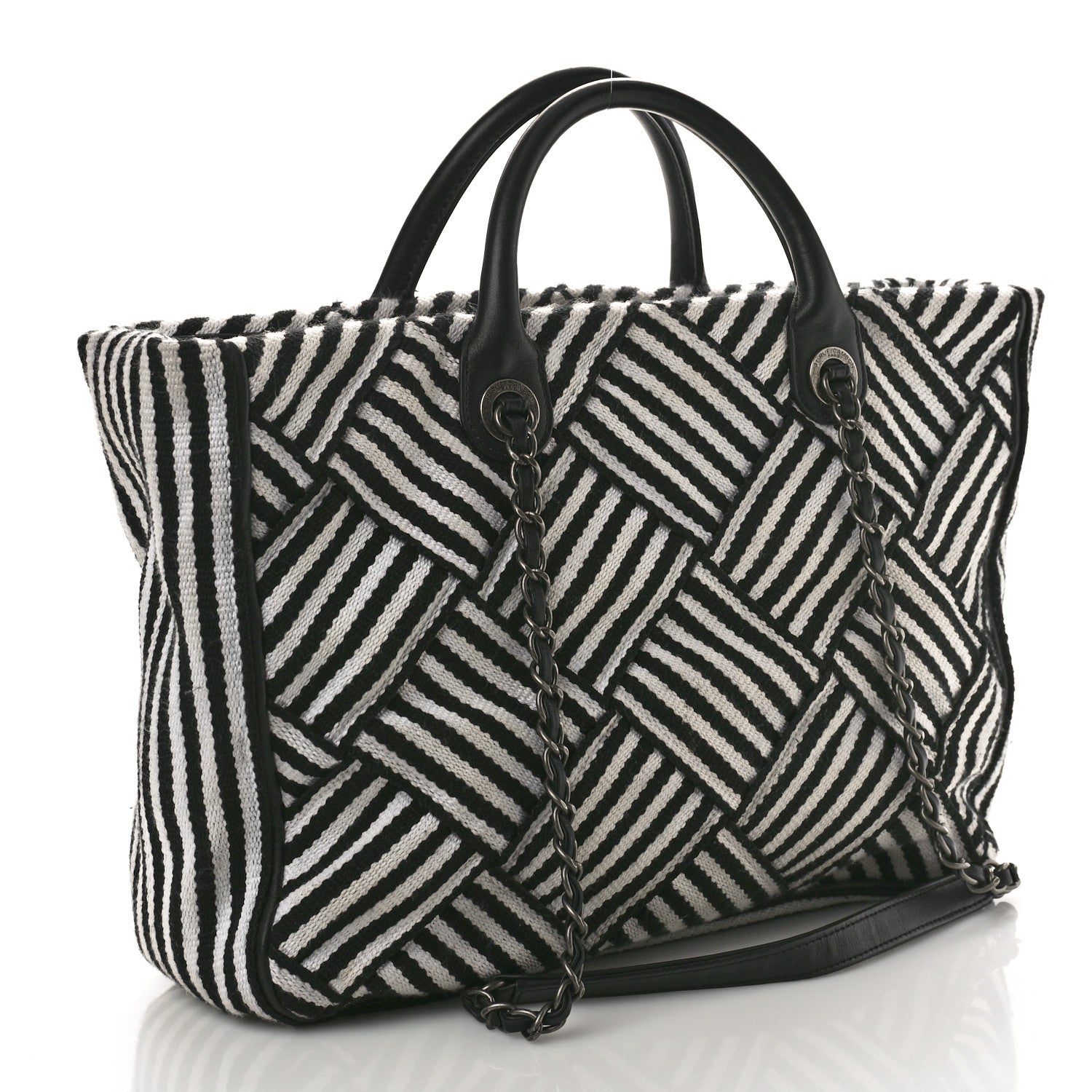 Chanel Woven Canvas Large Easy Shopping Tote Black White 3 of 9