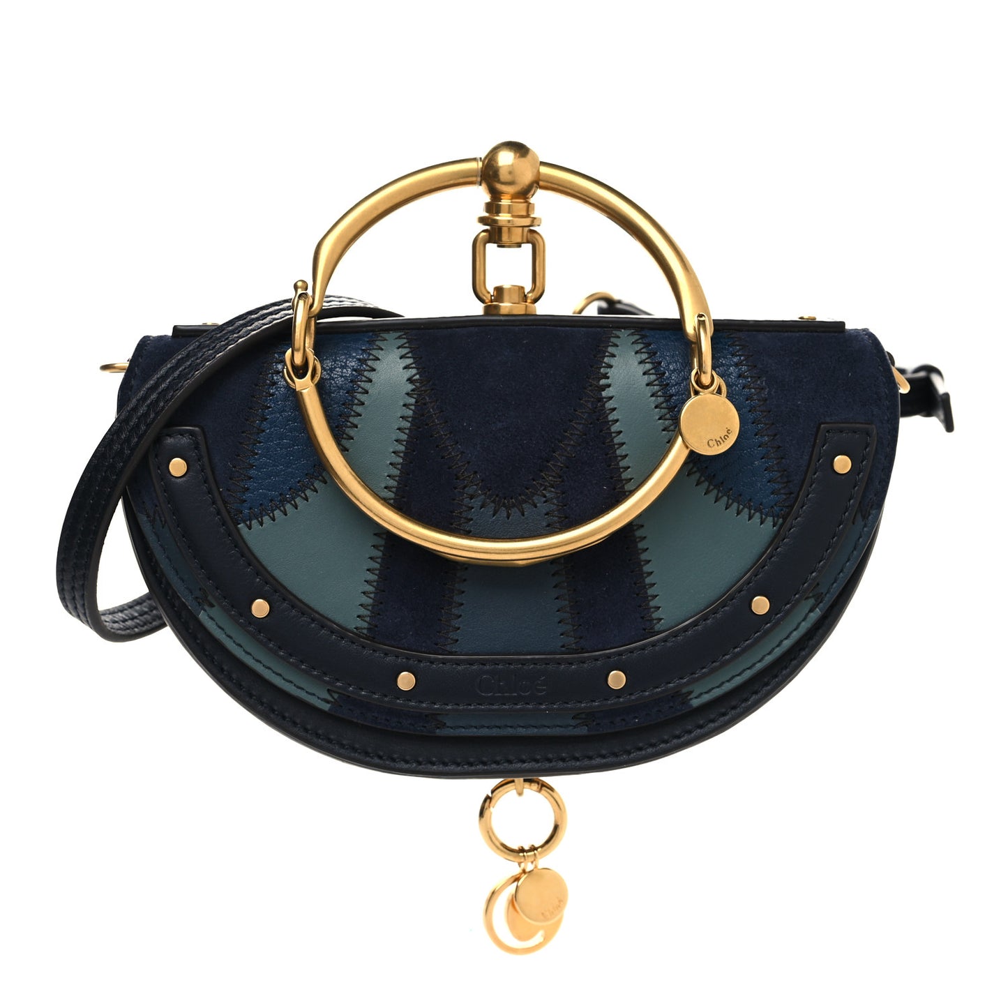 Calfskin Suede Patchwork Small Nile Bracelet Minaudiere Bag Dark Blue