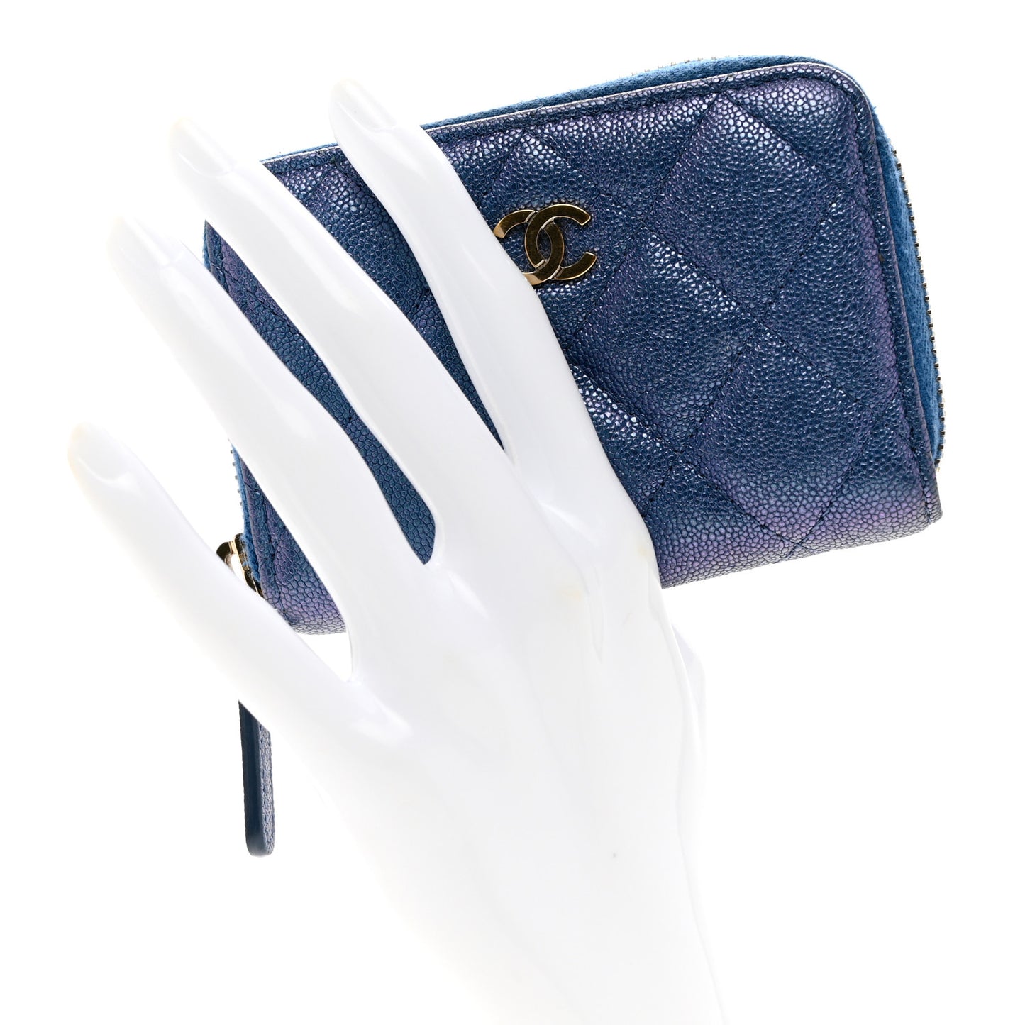 Iridescent Caviar Quilted Zip Coin Purse Dark Blue