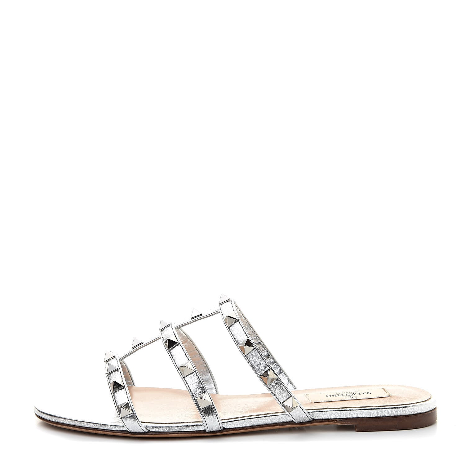 Valentino Garavani Metallic Nappa Rockstud Caged Flat Slide Sandals 38 Silver 1 of 9