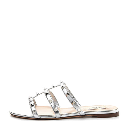 Valentino Garavani Metallic Nappa Rockstud Caged Flat Slide Sandals 38 Silver 1 of 9