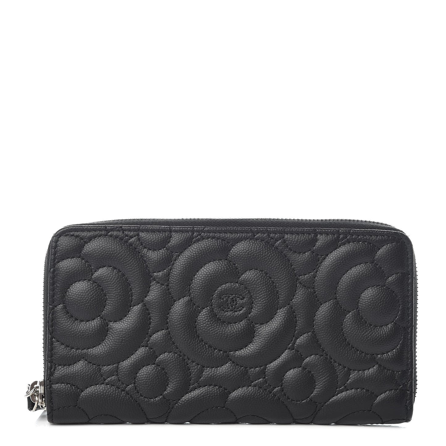 Caviar Camellia Embossed Large Gusset Zip Around Wallet Black