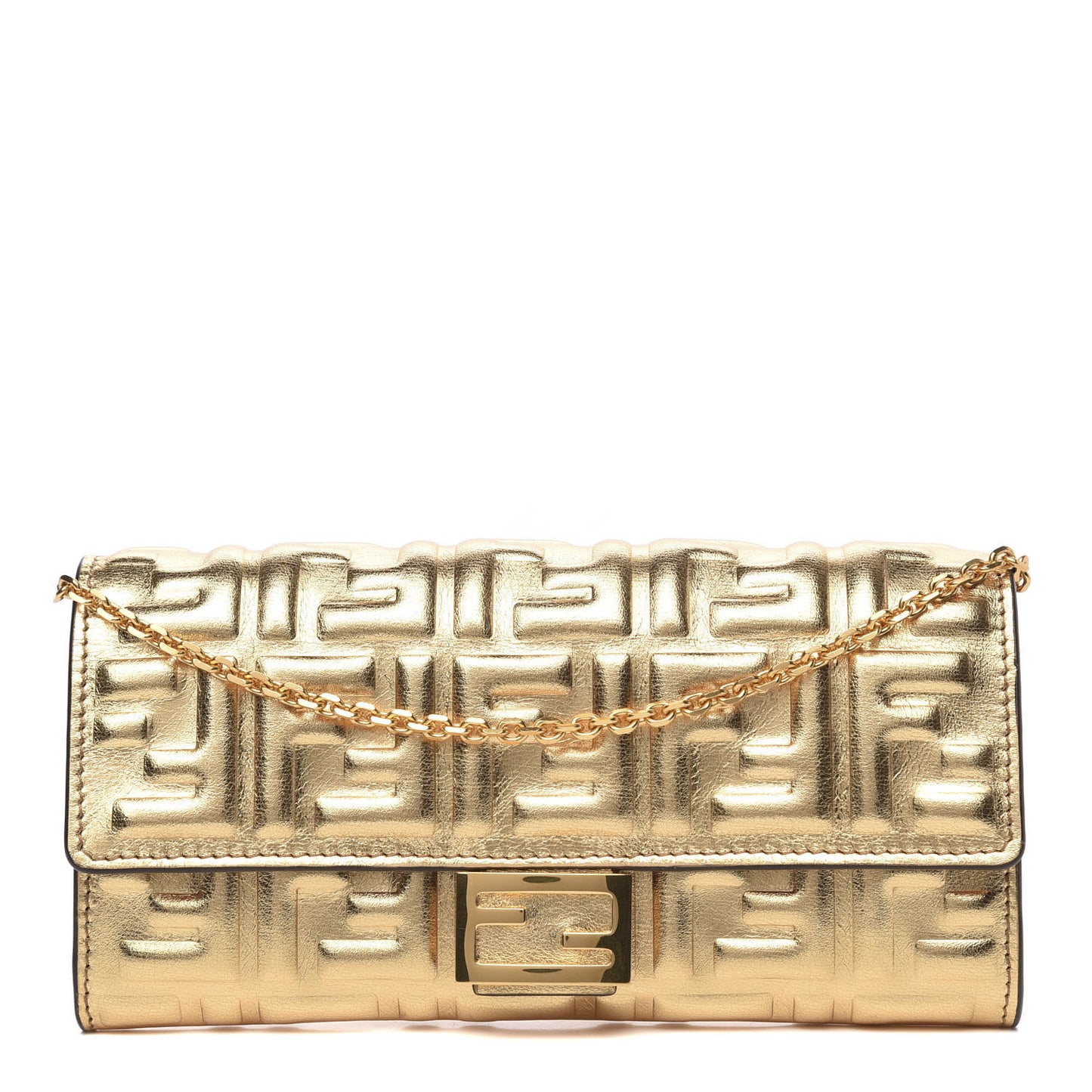 Vitello Catalan Mirror FF 1974 Embossed Continental Wallet on Chain Gold
