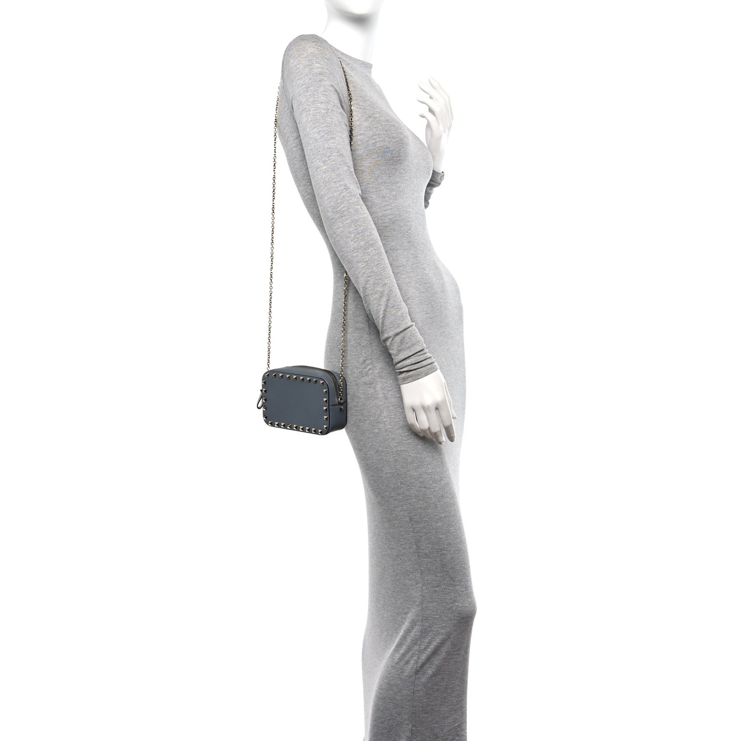 Calfskin Small Rockstud Chain Camera Crossbody Bag Light Stone