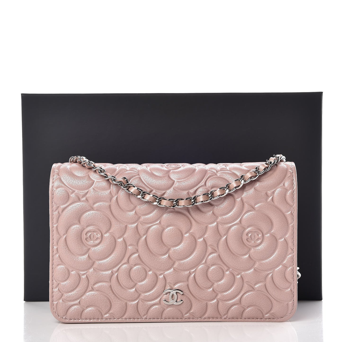 Goatskin Camellia Embossed Wallet On Chain WOC Light Pink