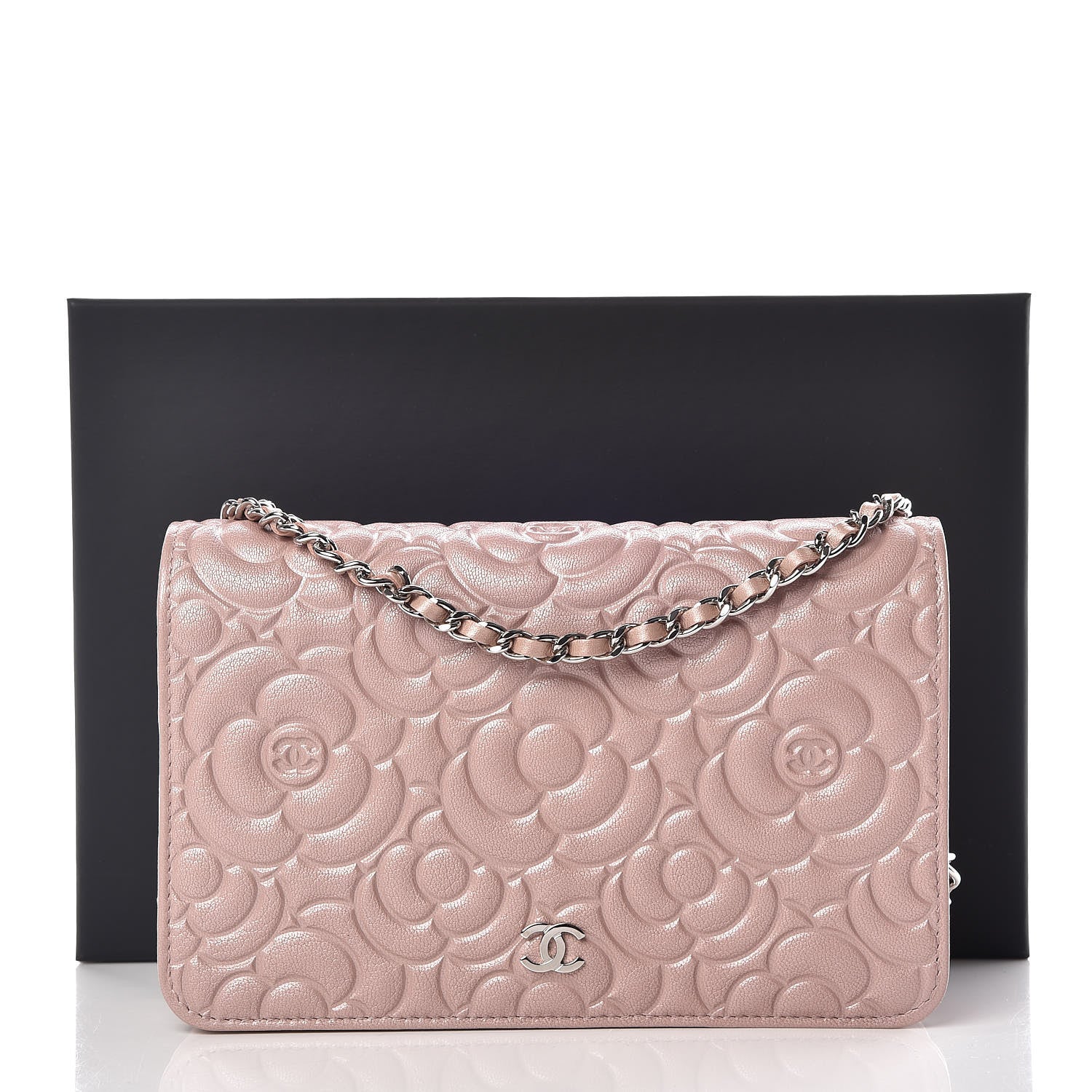 Chanel Goatskin Camellia Embossed Wallet On Chain WOC Light Pink 12 of 12