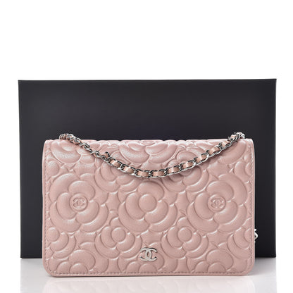 Chanel Goatskin Camellia Embossed Wallet On Chain WOC Light Pink 12 of 12