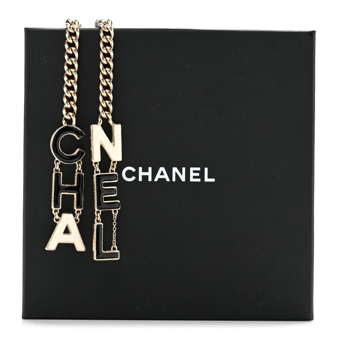 Enamel CC Lariat Necklace Black Gold Black