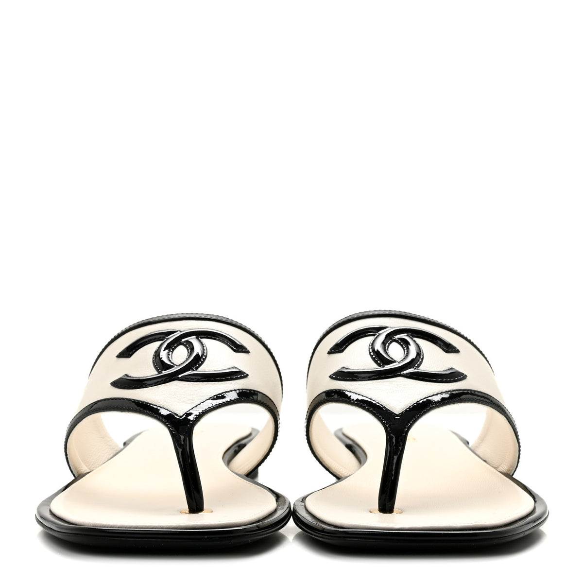 Lambskin Patent Calfskin CC Thong Sandals 38.5 White Black