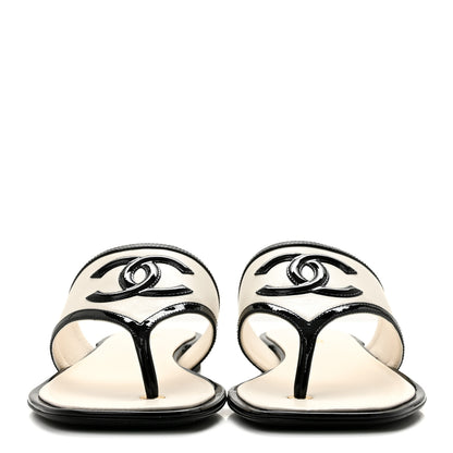 Chanel Lambskin Patent Calfskin CC Thong Sandals 38.5 White Black 3 of 10
