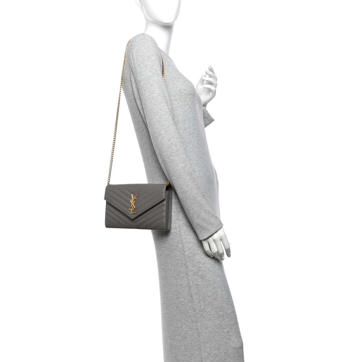 Saint Laurent Grain De Poudre Matelasse Chevron Monogram Chain Wallet Fog 2 of 14