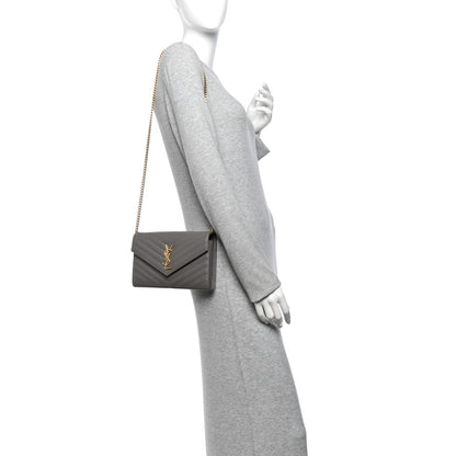 Saint Laurent Grain De Poudre Matelasse Chevron Monogram Chain Wallet Fog 2 of 14