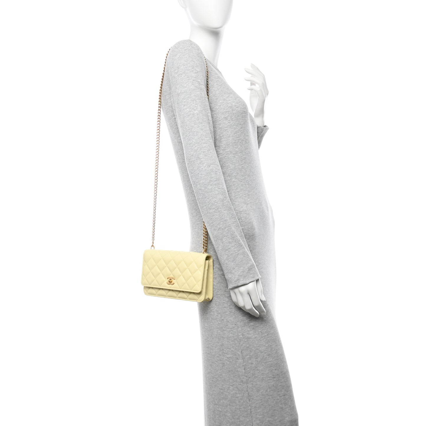 Lambskin Quilted Sweet Camellia Wallet on Chain WOC Light Yellow