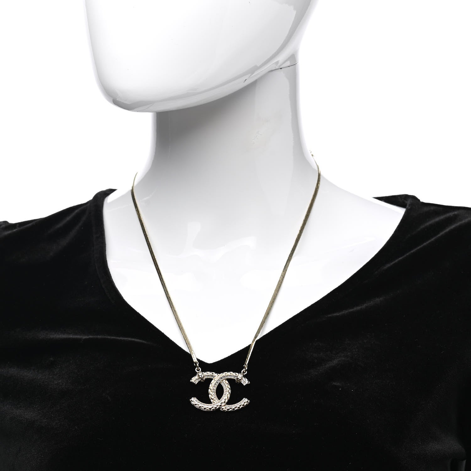Chanel Crystal Textured CC Pendant Necklace Gold 2 of 7