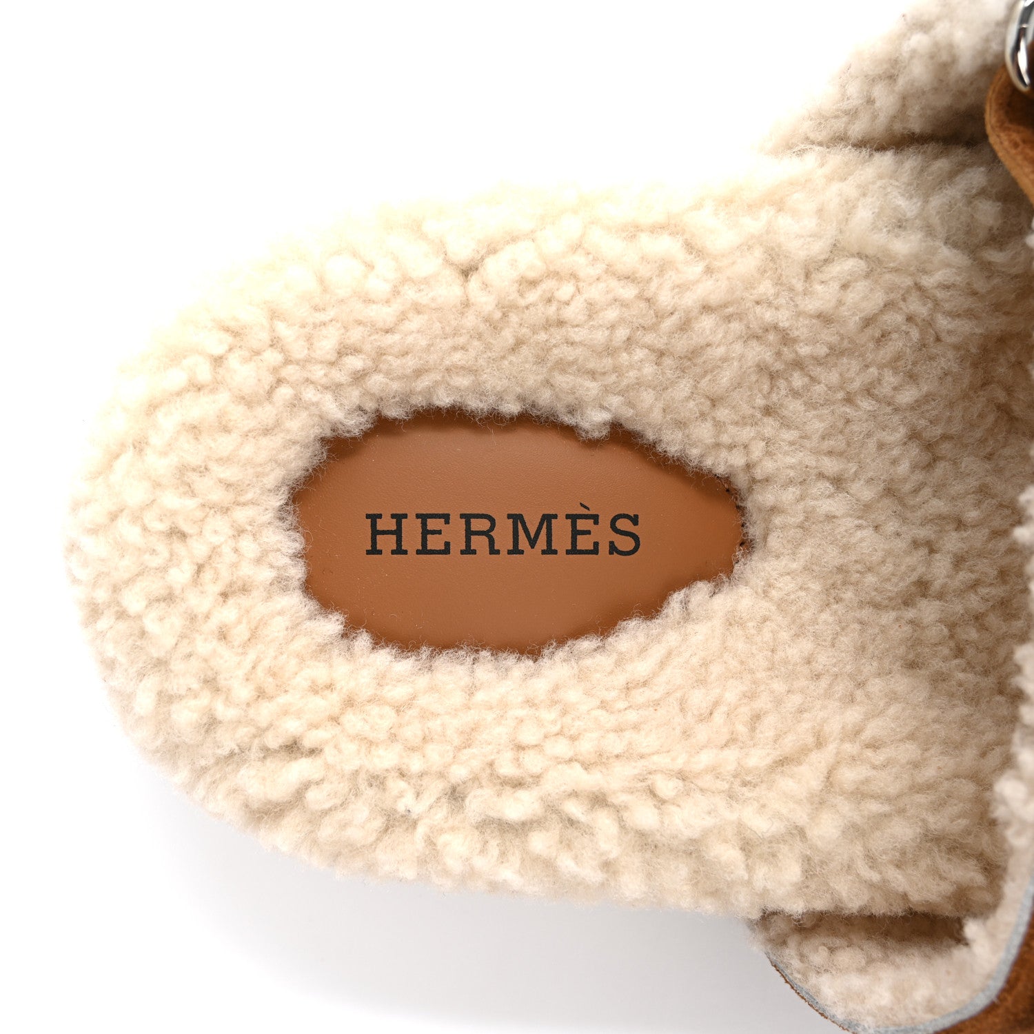 Hermes Suede Goatskin Woolskin Womens Chypre Sandals 38 Brun Fume Ecru 6 of 9