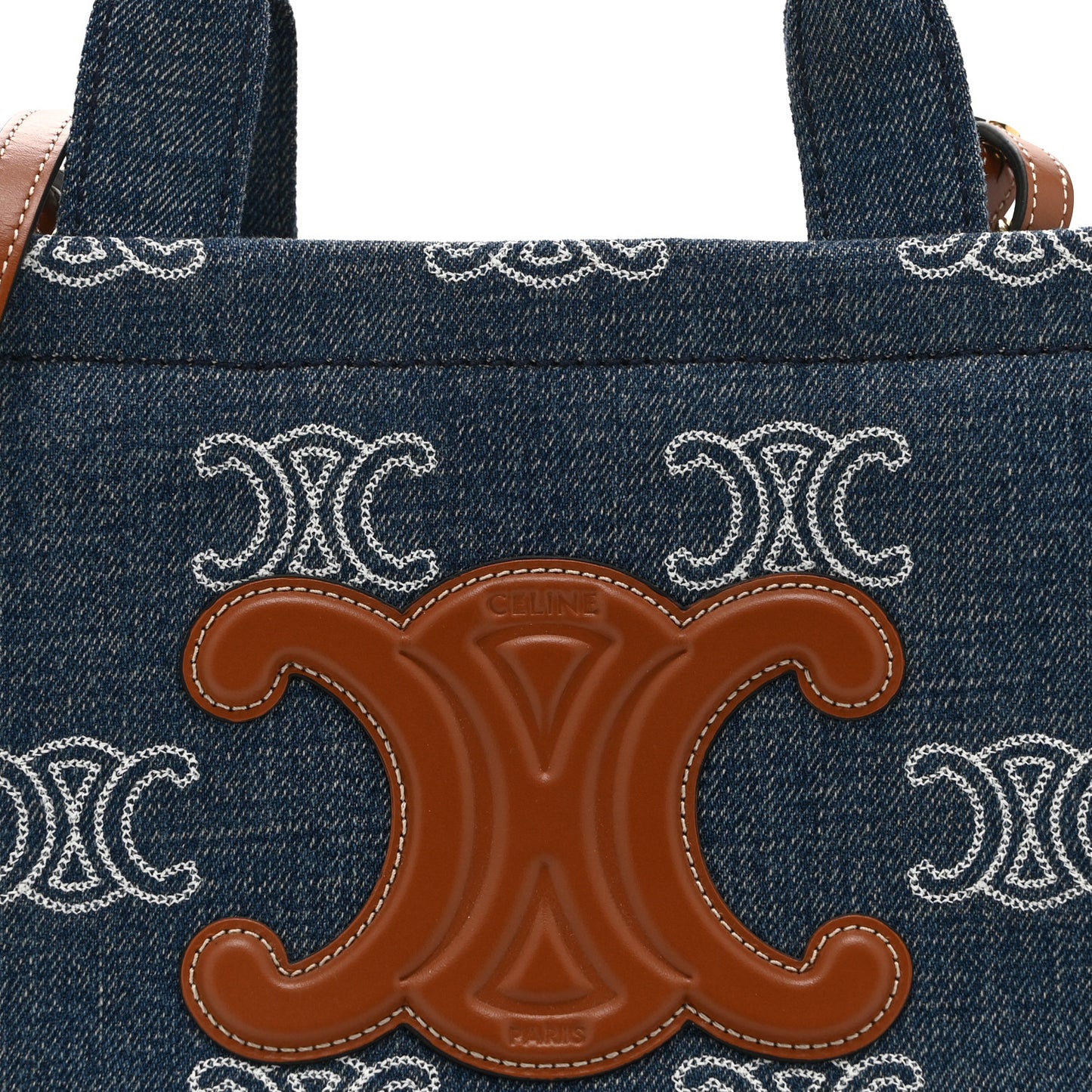 Denim Calfskin Triomphe Print Cabas Blue Tan