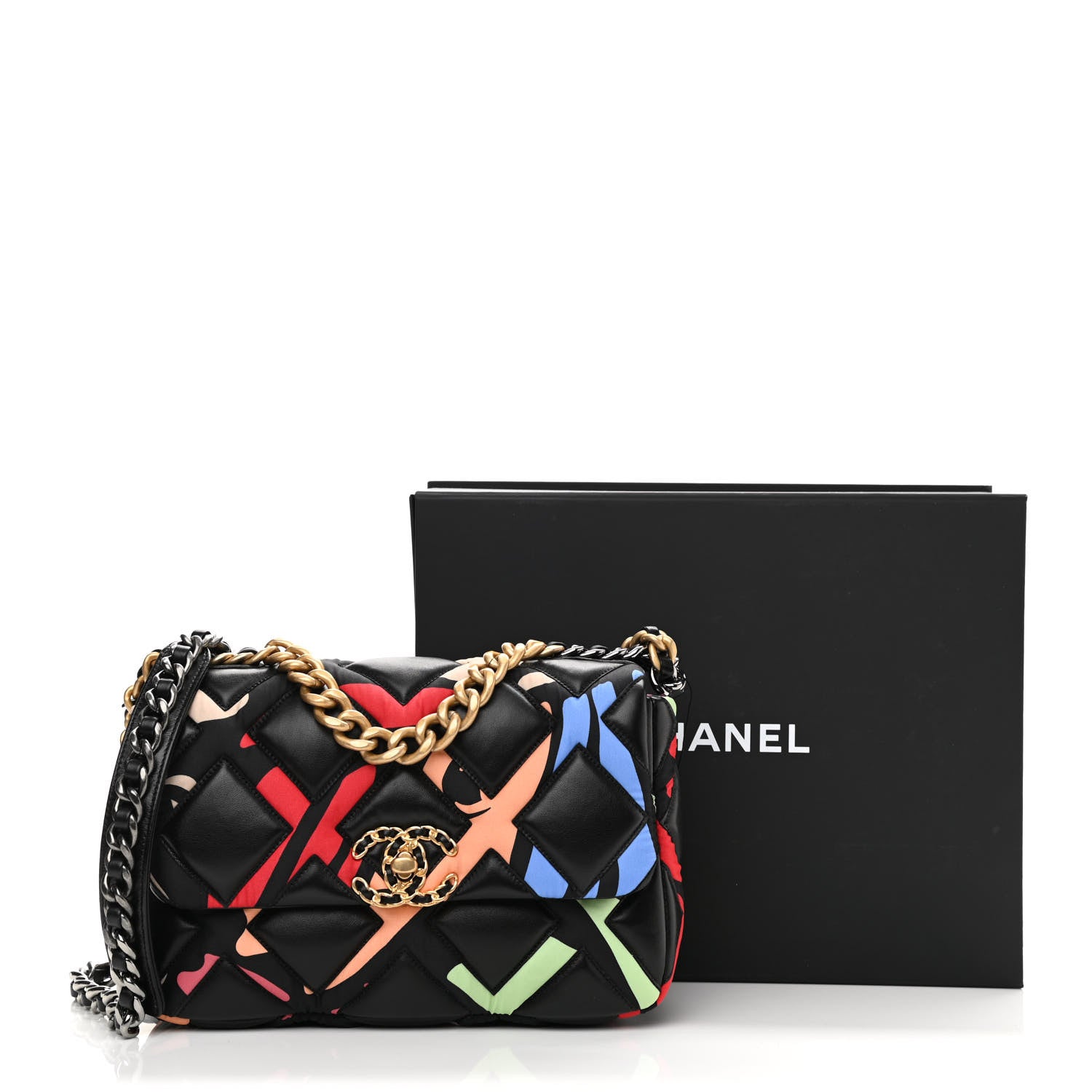 Chanel Lambskin Printed Fabric Medium Chanel 19 Flap Black Multicolor 11 of 11