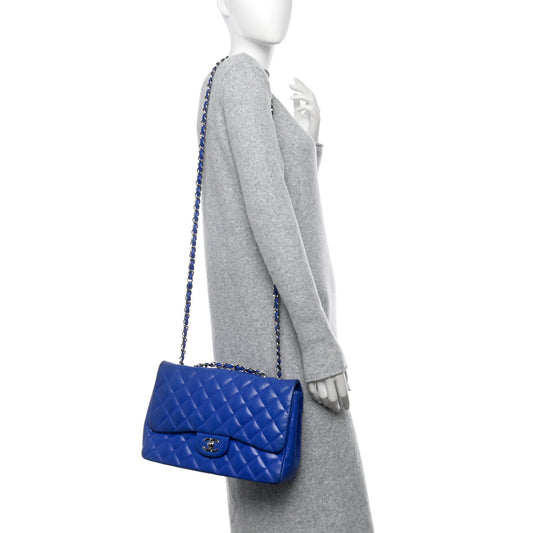 Lambskin Quilted Jumbo Single Flap Blue