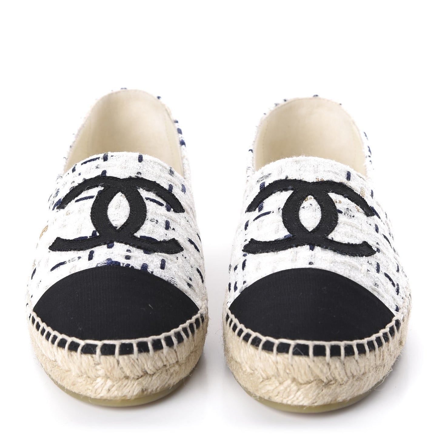 Tweed Grosgrain CC Espadrilles 36 White Beige Black