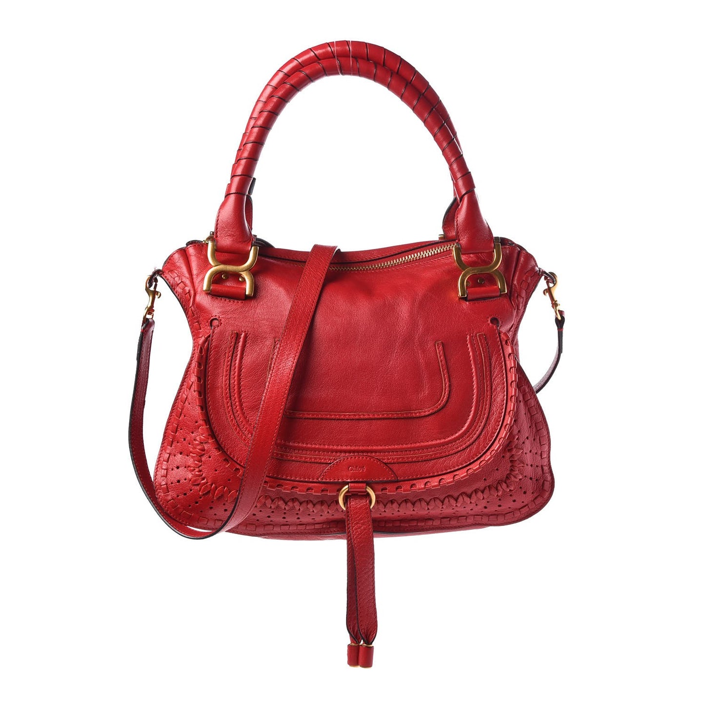 Calfskin Embroidered Medium Marcie Satchel Red