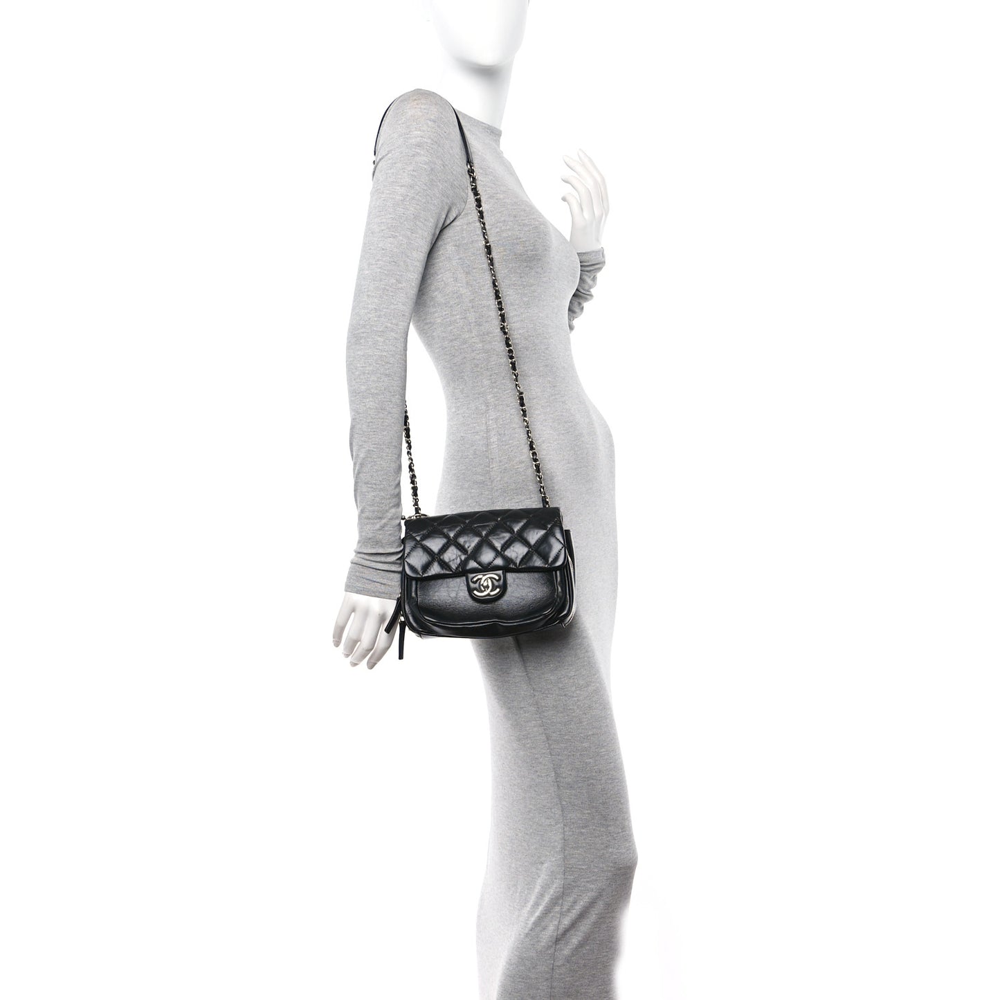 Aged Calfskin Quilted Express Zip Around Flap Black