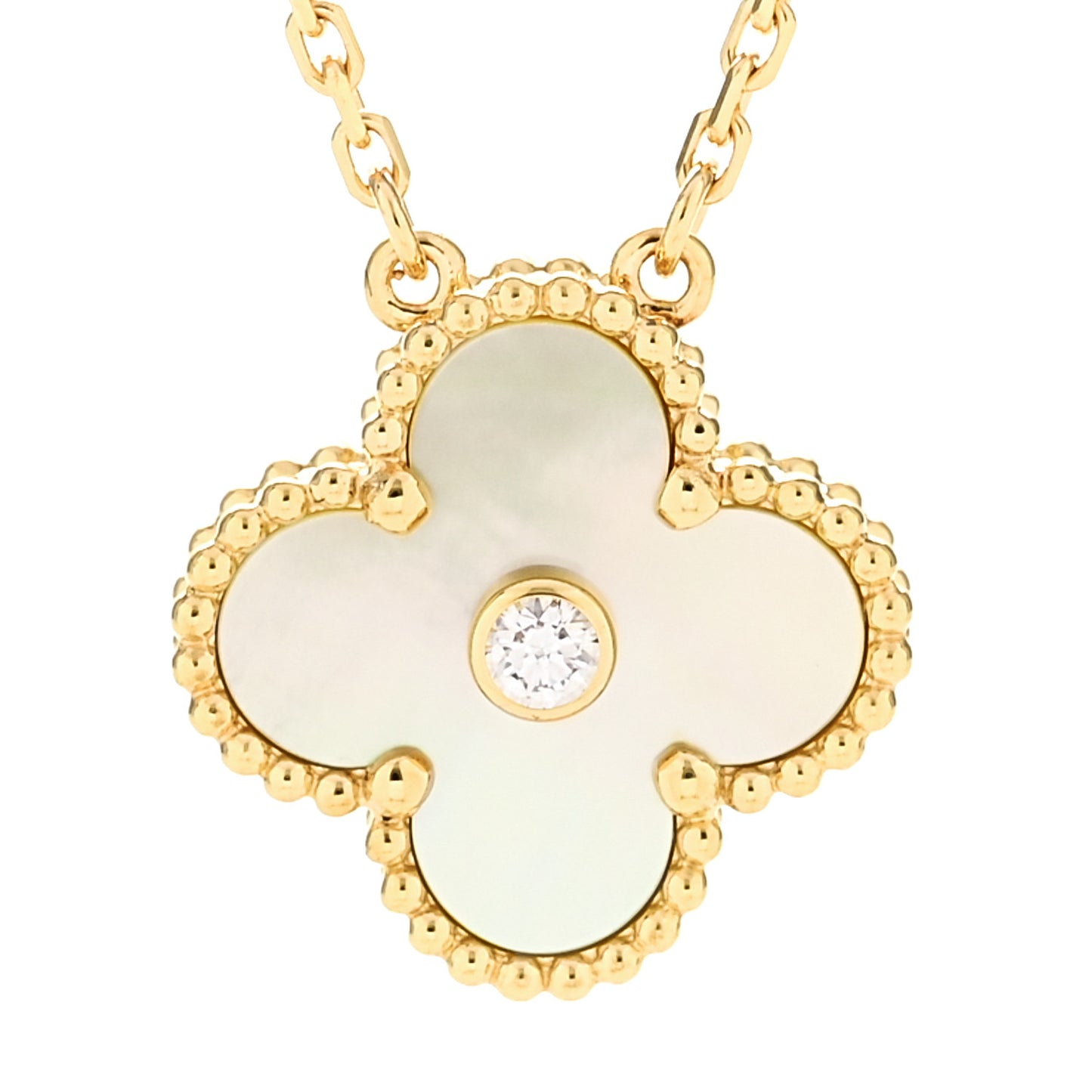 18K Yellow Gold Diamond Yellow Mother of Pearl Vintage Alhambra Pendant Necklace